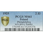 II Rzeczpospolita, 2 złote 1925, Filadelfia (bz.krop), Kobieta i kłosy - PCGS MS61