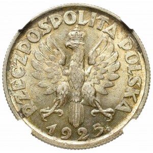 II Rzeczpospolita, 2 złote 1925, Londyn (z krop.), Kobieta i kłosy - NGC MS62