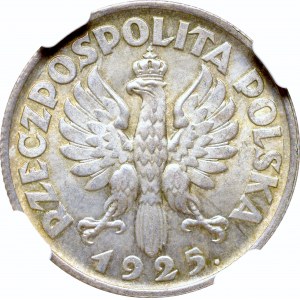 II Rzeczpospolita, 1 złoty 1925, Londyn, Kobieta i kłosy - NGC MS63
