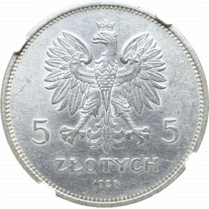 II Rzeczpospolita, 5 złotych 1928, Nike - NGC UNC Details parchimowicz