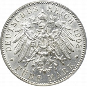 Niemcy, Wirtembergia, Wilhelm II, 5 marek 1908 F, Stuttgart - PCGS UNC DETAILS