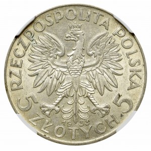 II Rzeczpospolita, 5 złotych 1933 Głowa kobiety - NGC MS61