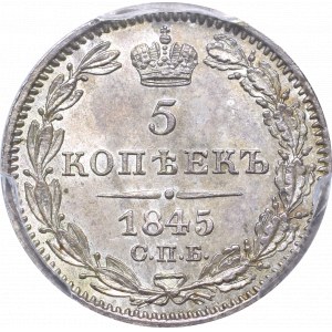 Rosja, Mikołaj I, 5 kopiejek 1845 КБ - PCGS MS66
