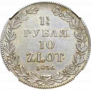 Zabór rosyjski, Mikołaj I, 1-1/2 rubla=10 złotych 1836, Petersburg - NGC UNC Details