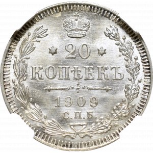 Rosja, Mikołaj II, 20 kopiejek 1909 ЭБ - NGC MS66