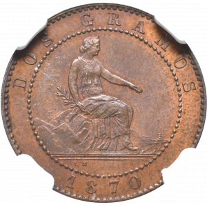Hiszpania, 2 centimy 1870 - NGC MS64 RB