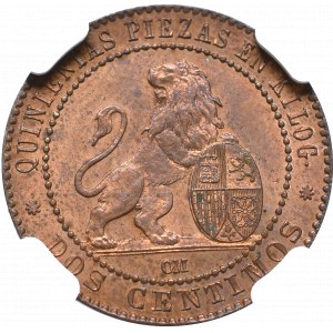 Hiszpania, 2 centimy 1870 - NGC MS64 RB