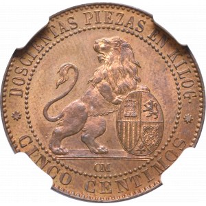 Hiszpania, 5 centimów 1870 - NGC MS64 RB