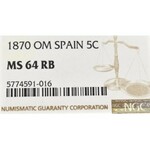 Hiszpania, 5 centimów 1870 - NGC MS64 RB