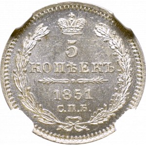 Russia, Nicholaus I, 5 kopecks 1851 ПА - NGC MS64