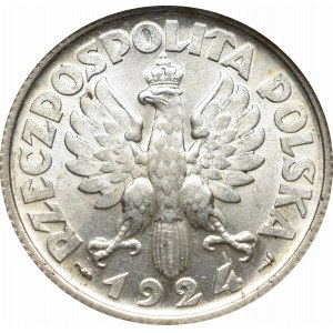 II Rzeczpospolita, 2 złote 1924, Paryż (róg i pochodnia), Kobieta i kłosy - NGC MS62