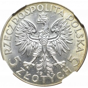 II Rzeczpospolita, 5 złotych 1932 Głowa kobiety - NGC MS63