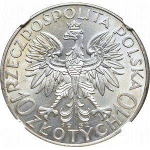 II Rzeczpospolita, 10 złotych 1932 ZM Głowa kobiety - NGC MS62