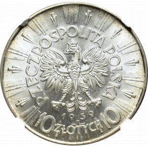 II Rzeczpospolita, 10 złotych 1939 Piłsudski - NGC MS64+
