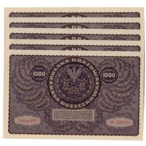 II RP, 1000 marek polskich 1919 I SERJA DF - 5 sztuk kolejne numery