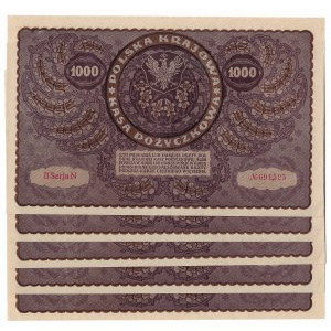 II RP, 1000 marek polskich 1919 II SERJA N - 5 sztuk kolejne numery