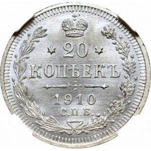 Rosja, Mikołaj II, 20 kopiejek 1910 ЭБ - NGC MS66+