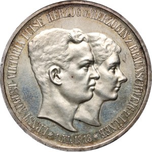 Německo, Brunswick-Lüneburg, Ernest August, 5 Marks 1915 A, Berlín, svatba Ernesta Augusta s Victorií Louisou, zrcadlové razítko