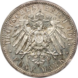 Německo, Brunswick-Lüneburg, Ernest August, 5 Marks 1915 A, Berlín, svatba Ernesta Augusta s Victorií Louisou, zrcadlové razítko