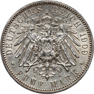 Germany, Saxony, Friedrich August III, 5 Mark 1909, Muldenhütten, Leipzig University