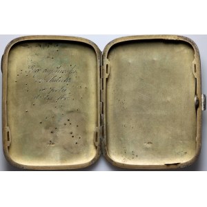 Silver cigarette case from 1916, monogrammed P£, with gold inscription and dedication