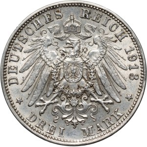 Německo, Sasko-Meiningen, Jiří II, 3 marky 1913 D, Mnichov