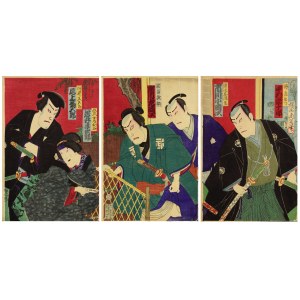 Toyohara KUNICHIKA (1835-1900), Kidnapping -Triptych with scene from Kabuki theater