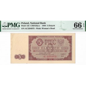 PRL, 5 złotych 1948 AC - PMG 66EPQ