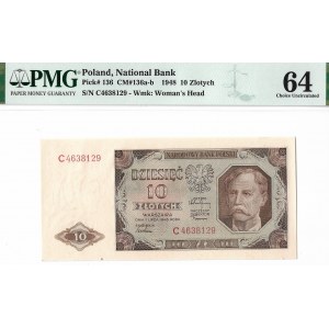 PRL, 10 złotych 1948 C - PMG 64