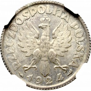 II Rzeczpospolita, 1 złoty 1924 (róg i pochodnia), Paryż Kobieta kłosy - NGC MS63