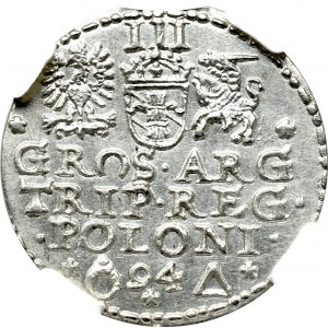 Zygmunt III Waza, Trojak 1594, Malbork - skrót daty między znakami nieopisany wariant NGC MS64