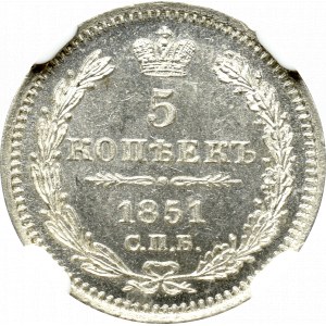 Rosja, Mikołaj I, 5 kopiejek 1851 ПА - NGC MS64