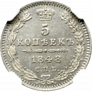 Rosja, Mikołaj I, 5 kopiejek 1848 HI - NGC MS64