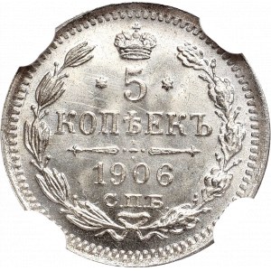 Russia, Nicholas II, 5 kopecks 1906 ЭБ - NGC MS65