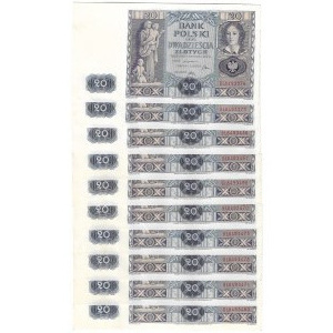 II RP, zestaw 10 sztuk x 20 złotych 1936 kolejne numery