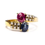 Ring with sapphire, ruby and diamonds late 20th century.