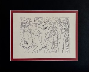 Pablo Picasso (1881-1973), Une femme nue, ses amants et un putto, (Naga kobieta, jej kochankowie i Putto)