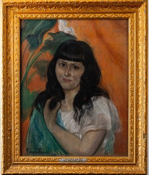 Mieczysław Reyzner (1861-1941), Portret dziewczyny na tle kwiatów, 1917 r.