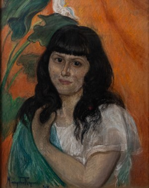 Mieczysław Reyzner (1861-1941), Portret dziewczyny na tle kwiatów, 1917 r.