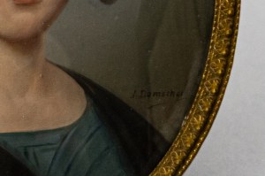 Julius Domschat, Portret młodej kobiety z fryzurą á la anglez z piórami, ok. 1910 r..