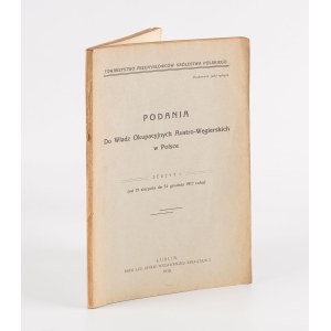 Žiadosti adresované rakúsko-uhorským okupačným úradom v Poľsku. Zeszyt I. Od 15. augusta do 31. decembra 1917 [Lublin 1918].
