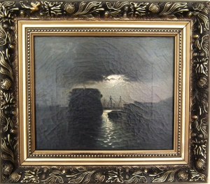 Alfred Scherres(1864 Gdańsk-1924 Berlin),Nokturn z żaglowcami w porcie,1894