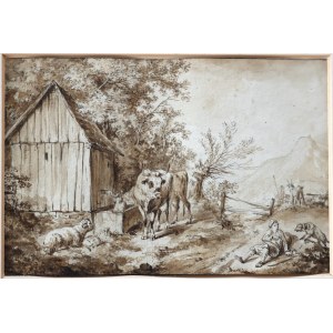 North Italian school of the 18th-19th century, Rural scene with cattle and figures