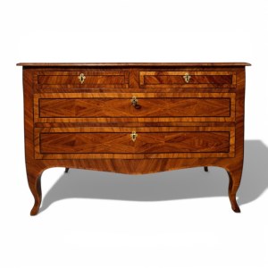 Crossbow chest of drawers in dark walnut and blond walnut and threaded in ebony