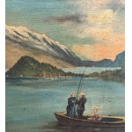 ANONIMO, Mountain landscape with a boat on a lake and figures