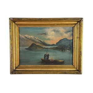 ANONIMO, Mountain landscape with a boat on a lake and figures