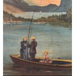 ANONIMO, Mountain landscape with a boat on a lake and figures