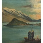 ANONIMO, Mountain landscape with a boat on a lake and figures