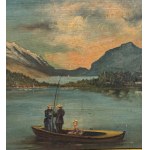ANONIMO, Mountain landscape with a boat on a lake and figures