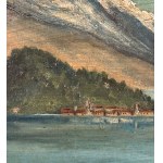 ANONIMO, Mountain landscape with a boat on a lake and figures